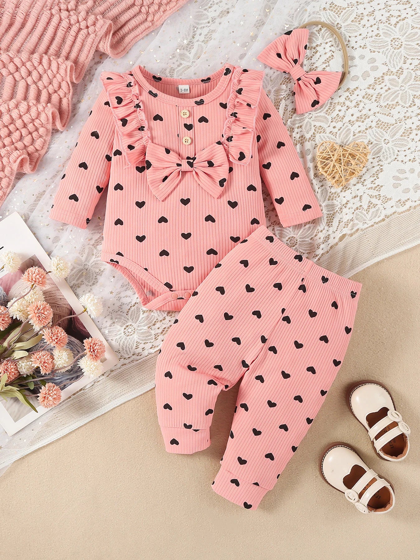 Kukitty – ensemble de vêtements 3 pièces pour nouveau-né fille, barboteuse à manches longues, imprimé cœur, haut et pantalon, bandeau, tenues en tricot