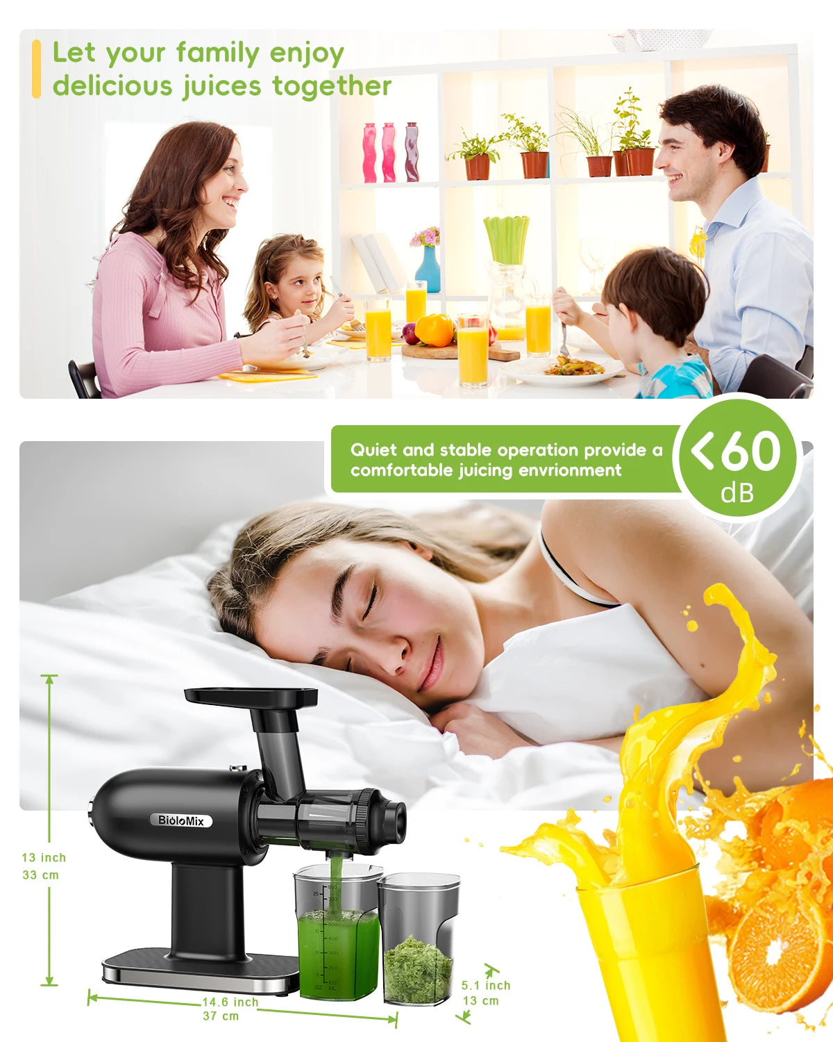 BioloMix Presse-agrumes à pression froide, presse-agrumes à mastication lente avec fonction inversée, rendement de jus élevé, brosse facile à nettoyer et silencieuse