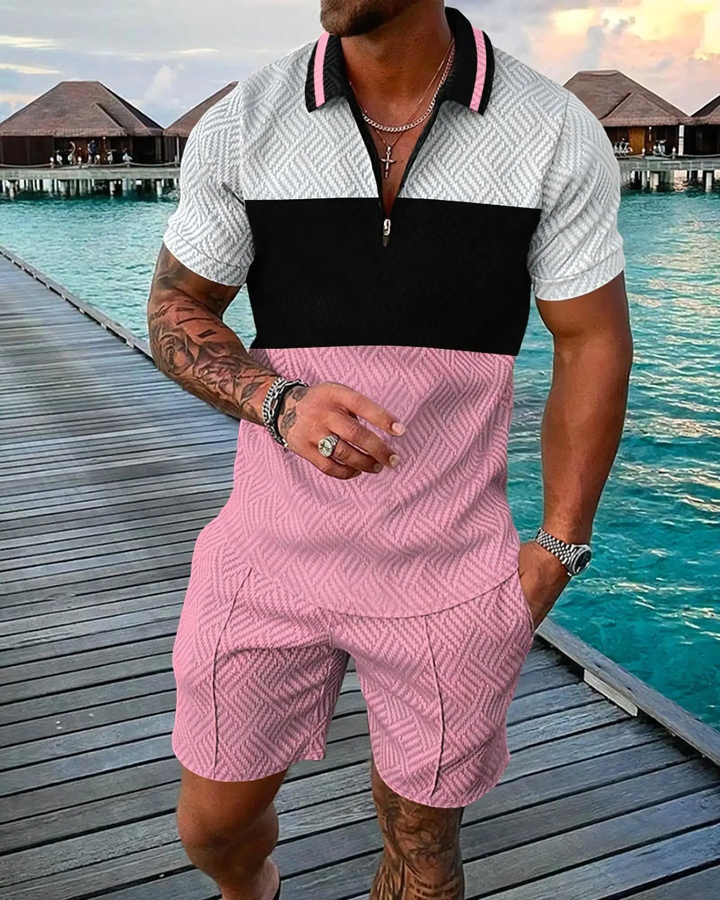 Ensemble 2 pièces pour hommes, imprimé en 3D drôle, Polo + Short, tenue décontractée, manches courtes, chemises à fermeture éclair, Hip Hop, Streetwear, été