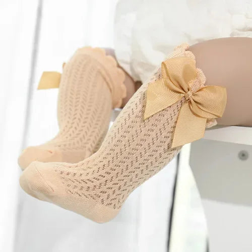 Chaussettes d'été en coton pour bébé fille de 0 à 24 mois, avec nœud en maille et dentelle, aux genoux, pour nouveau-né, princesse, longues, nouvelle collection 2024