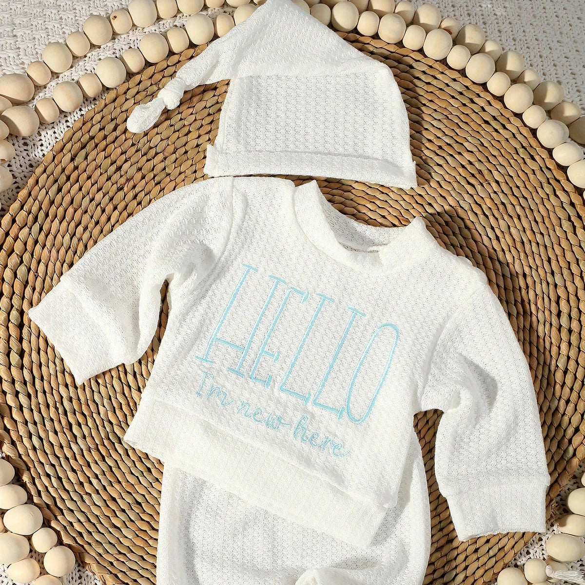 Ylsteed "bonjour" broderie nouveau-né photographie accessoires infantile barboteuse combinaison avec chapeau à nœud bébé à la maison tenue bébé Photo cadeau