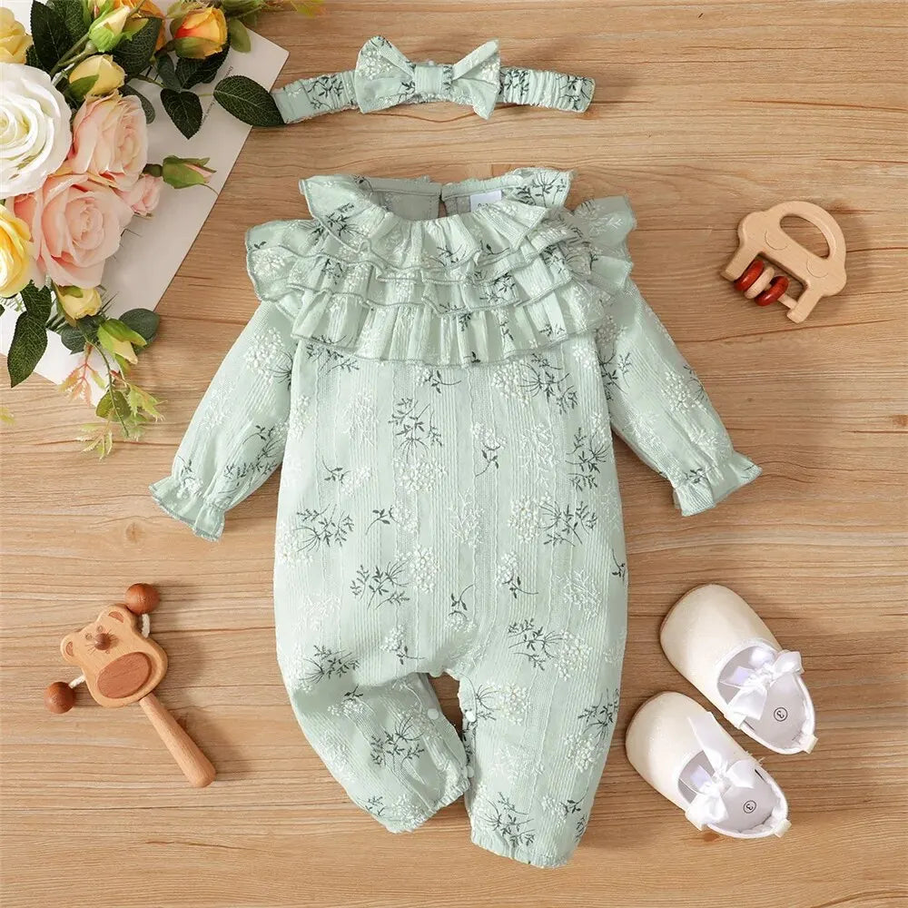 Body pour nouveau-né fille de 0 à 18 mois, imprimé Floral, barboteuse à manches longues avec bandeau, vêtements de printemps et d'automne
