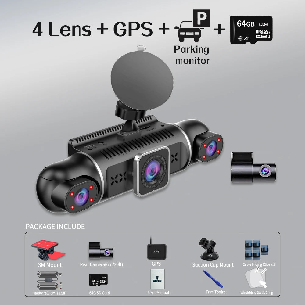 Caméra de tableau de bord DVR pour voiture, 64 go, 360 degrés, WiFi, GPS, moniteur de stationnement 24h, 4 objectifs * HD 1080P, enregistreur vidéo, contrôle par application, outil filaire