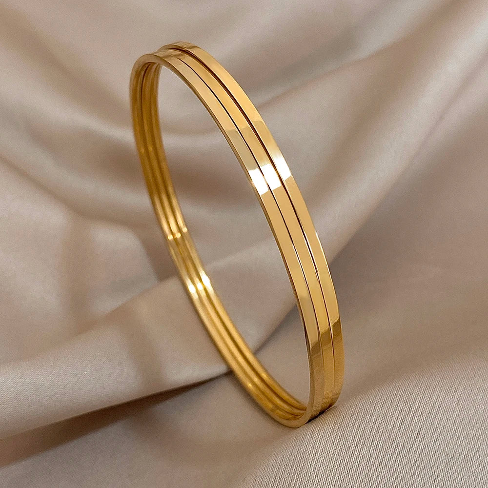 Bracelet en acier inoxydable plaqué or brillant 18 carats pour femmes, 3 pièces, bracelets de base minimalistes, bijoux étanches