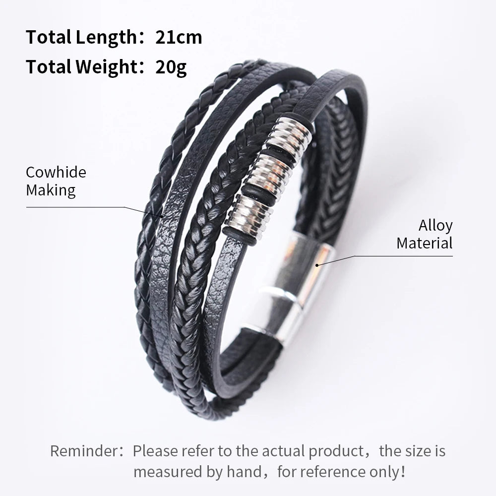 Bracelets en cuir pour hommes, en acier inoxydable, multicouches, en corde tressée, bijoux cadeaux, 21CM