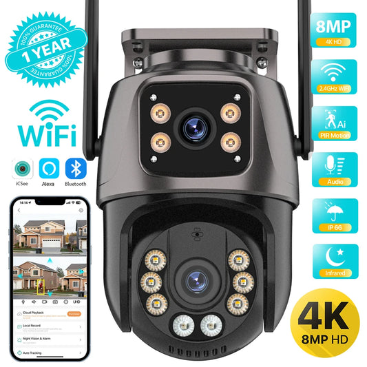 4K 8MP HD Wifi PTZ caméra extérieure 4MP double objectif double écran AI suivi automatique caméra IP CCTV Audio vidéo Surveillance P2P iCSee