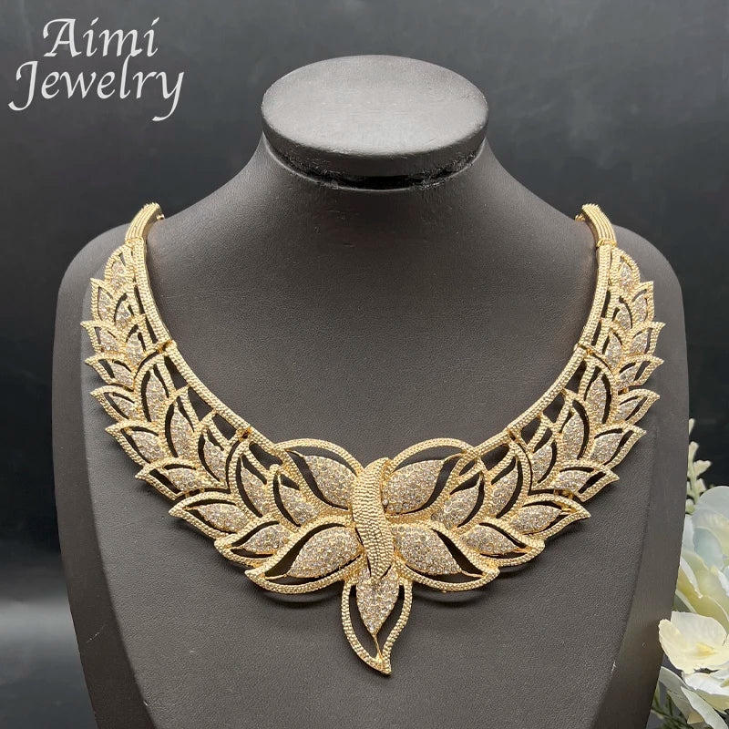 Ensemble de bijoux de luxe plaqué or 18 carats pour femmes, 4 pièces, collier, boucle d'oreille, Bracelet, bague, cadeaux de fête de mariage de mariée africaine