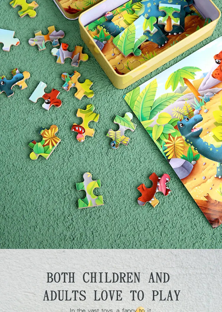 Puzzle de dessin animé 60 pièces avec boîte en métal, Puzzle de véhicule Animal d'éducation précoce pour enfants, jeu d'interaction Parent-enfant