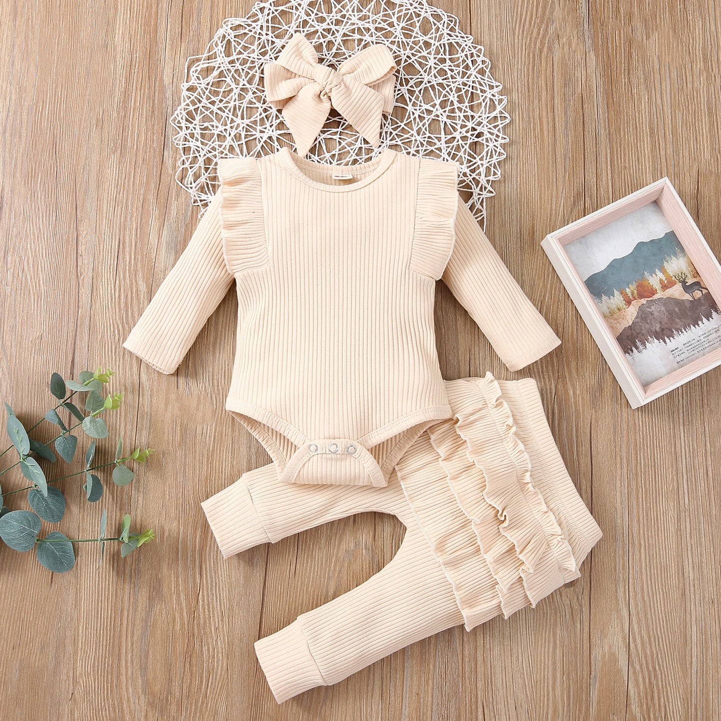 3 pièces bébé fille tenue ensemble nouveau-né enfant en bas âge enfants ensemble de vêtements bébé filles dentelle volants coton body + pantalon + bandeau vêtements