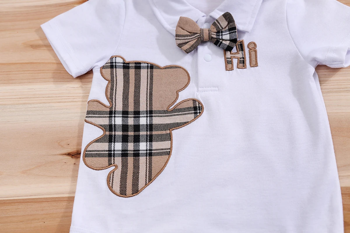 IURNXB – ensemble de vêtements pour bébé, 2 pièces, manches courtes, body ours à carreaux + pantalon à bretelles, tenues pour nouveau-né de 1 à 18 mois