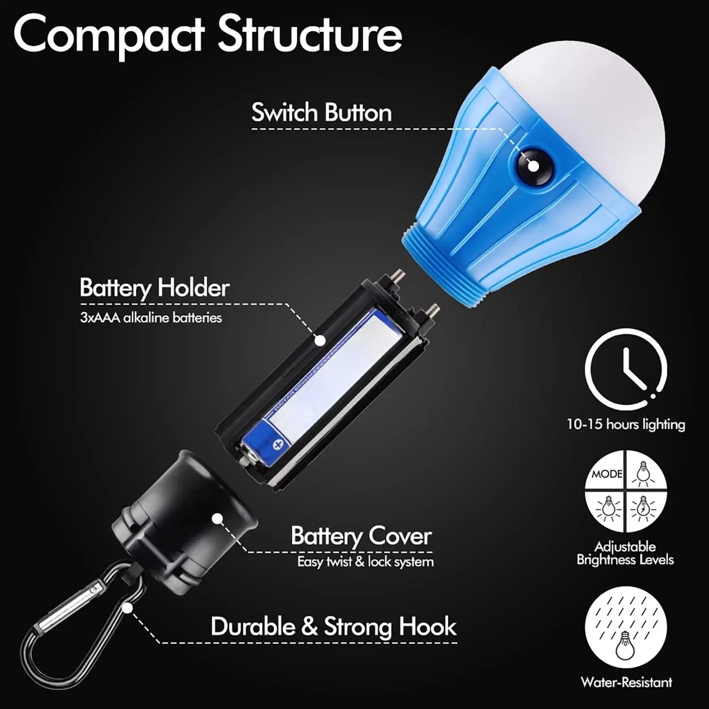 Lampe de tente extérieure Ampoule LED Lampe à crochet portable Lampe de camping adaptée aux sacs à dos extérieurs Voyant d'avertissement de sécurité pour enfants