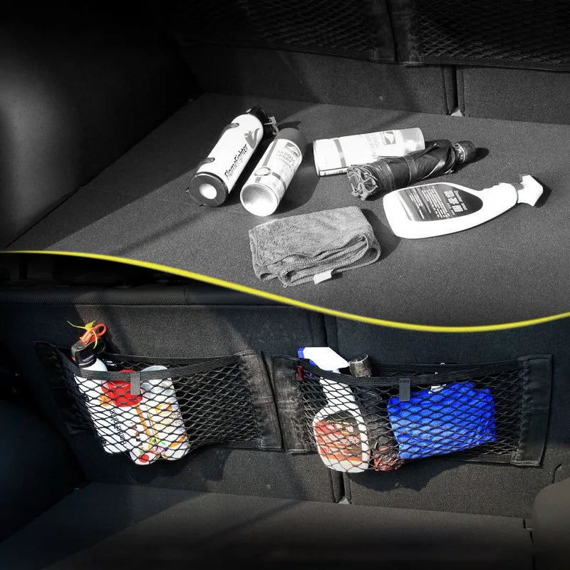 Sac de rangement universel pour voiture Filet de coffre à double maille Sac de rangement intégré Filet de fixation pour extincteur Filet antidérapant Filet de rangement voiture Filet de coffre double maille automobile