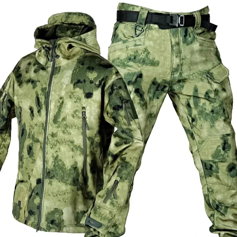 Combinaison camouflage épaisse pour hommes, ensemble d'entraînement tactique imperméable, veste à capuche multi-poches, pantalon polaire, chasse en plein air, 2 pièces, hiver