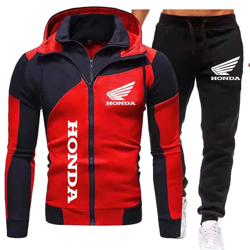Nouveau ensemble de sport décontracté deux pièces à col montant en pur coton Honda pour hommes avec veste à double fermeture éclair et sweat-shirt à capuche haut ouvert
