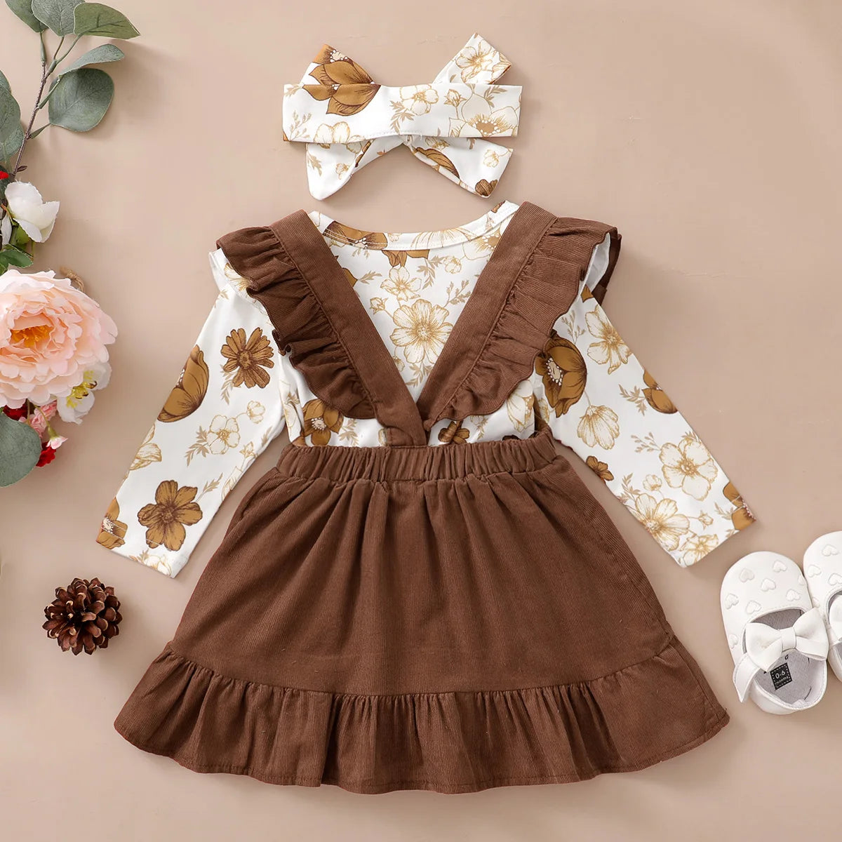 Ensemble de vêtements 3 pièces pour nouveau-né fille, haut floral à manches longues, jupe à bretelles, vêtements de sauna, mode printemps et automne, 0 à 12 mois, 03 tenue