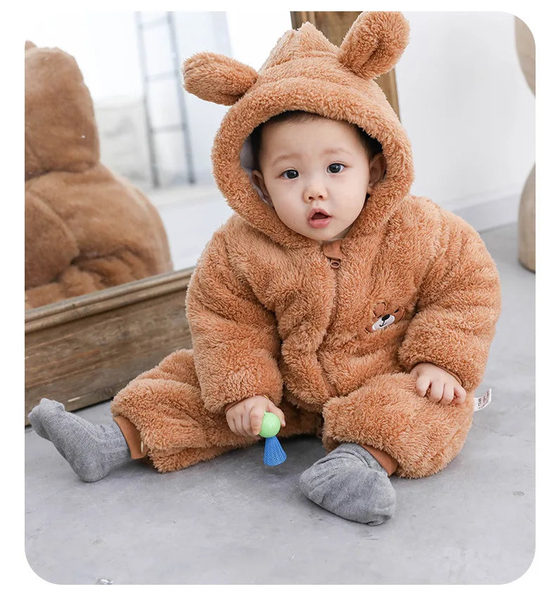 Barboteuse pour nouveau-né, ours en peluche mignon, garçon, automne hiver, garde au chaud, à capuche, combinaison globale pour nourrissons filles, vêtements d'extérieur