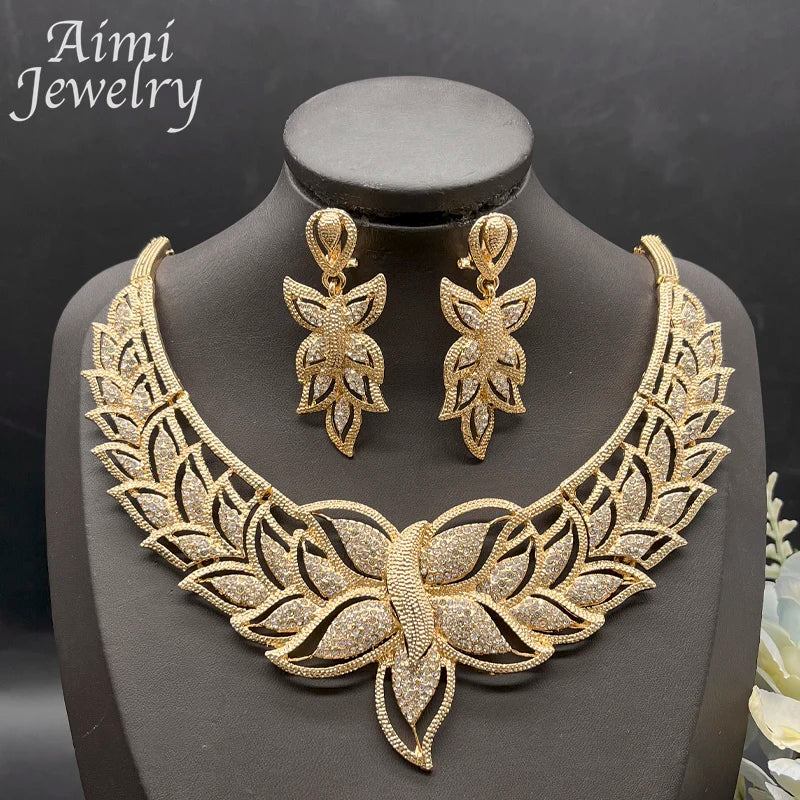 Ensemble de bijoux de luxe plaqué or 18 carats pour femmes, 4 pièces, collier, boucle d'oreille, Bracelet, bague, cadeaux de fête de mariage de mariée africaine