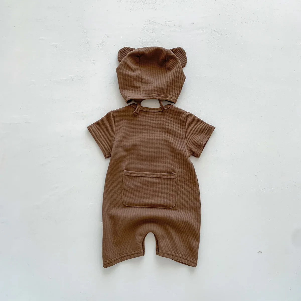 Combinaison d'été pour bébés filles et garçons, manches courtes, Patch gaufré, ours, nouveau-né, barboteuse en coton, chapeau cadeau avec oreille, nouvelle collection