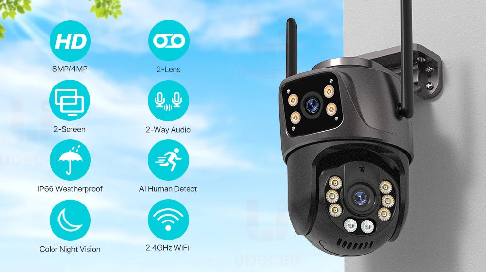 4K 8MP HD Wifi PTZ caméra extérieure 4MP double objectif double écran AI suivi automatique caméra IP CCTV Audio vidéo Surveillance P2P iCSee