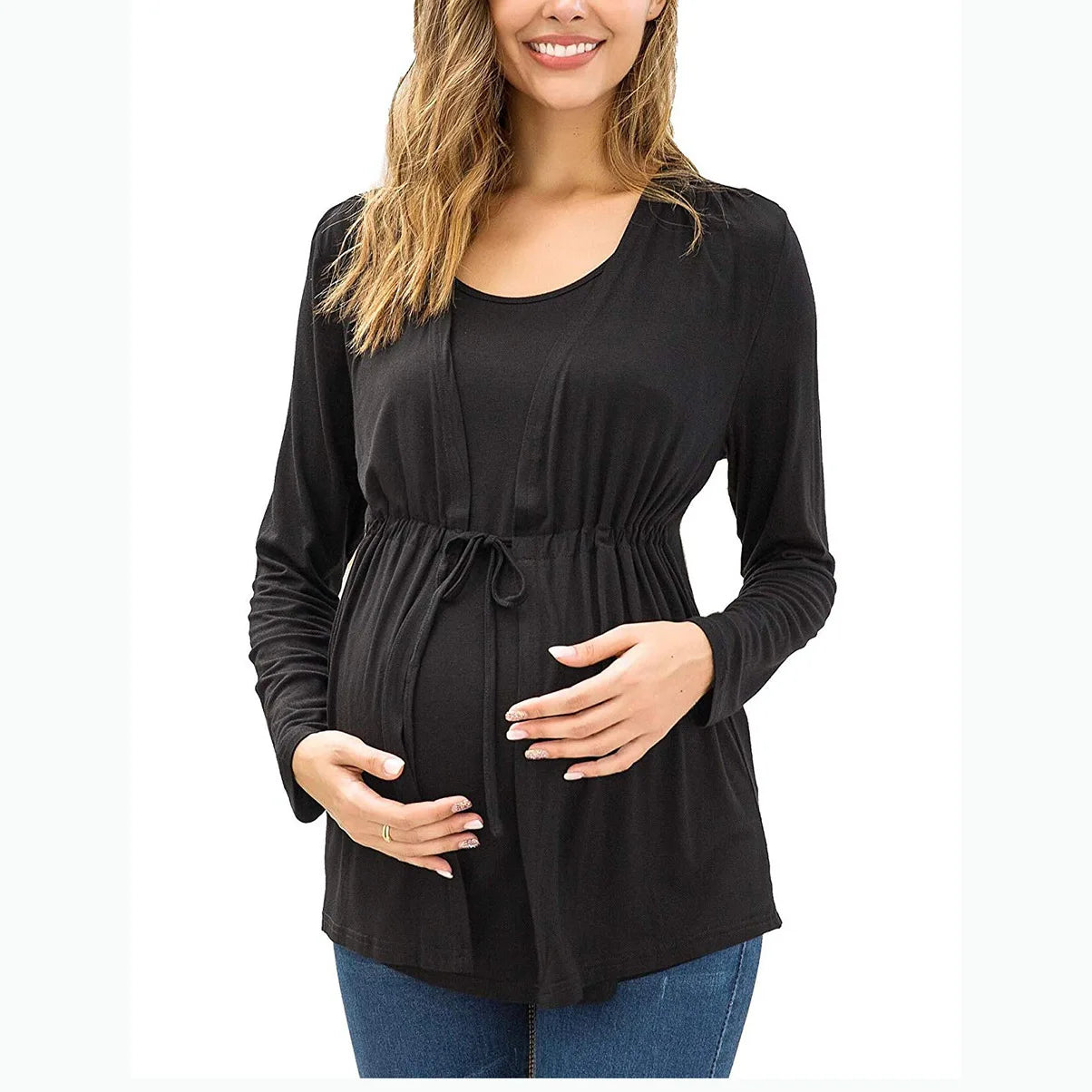 Automne hiver à manches longues col rond faux deux pièces à lacets allaitement femmes enceintes haut T-shirt vêtements d'extérieur pour femmes enceintes