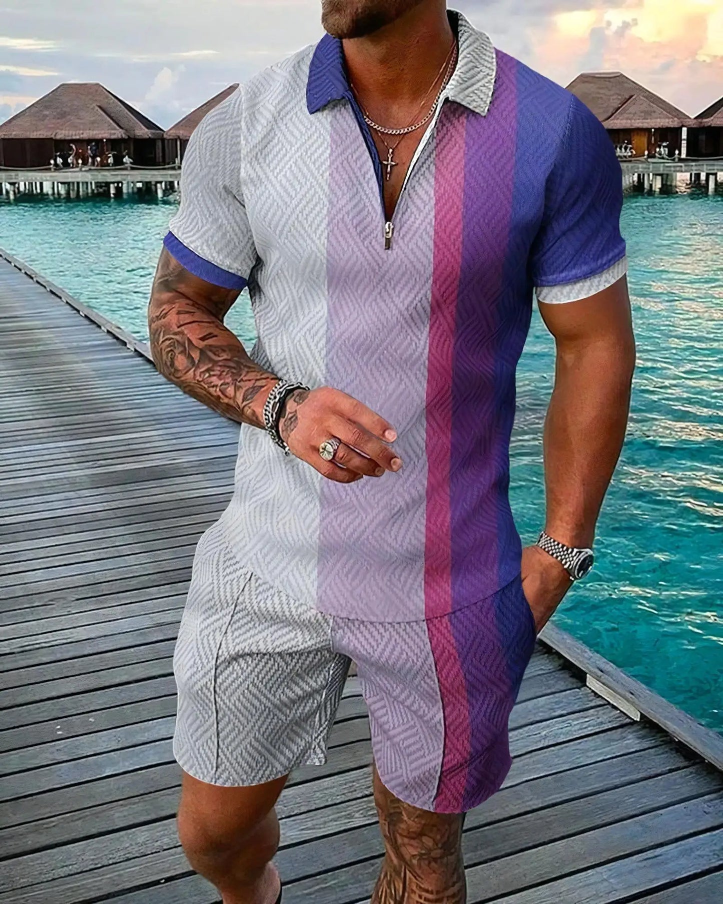 Ensemble 2 pièces pour hommes, imprimé en 3D drôle, Polo + Short, tenue décontractée, manches courtes, chemises à fermeture éclair, Hip Hop, Streetwear, été