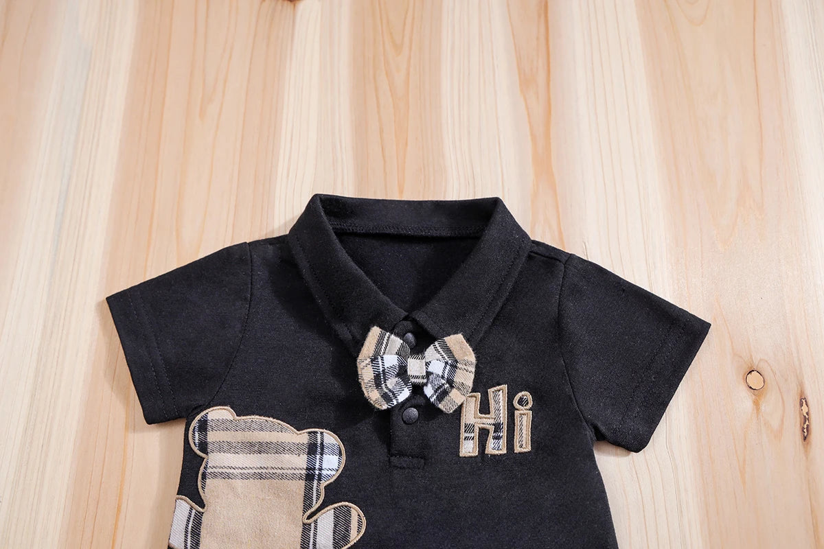 IURNXB – ensemble de vêtements pour bébé, 2 pièces, manches courtes, body ours à carreaux + pantalon à bretelles, tenues pour nouveau-né de 1 à 18 mois