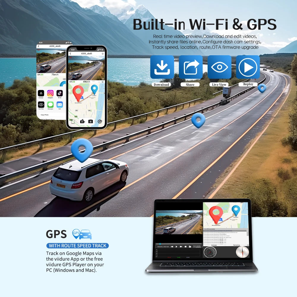 Caméra de tableau de bord DVR pour voiture, 64 go, 360 degrés, WiFi, GPS, moniteur de stationnement 24h, 4 objectifs * HD 1080P, enregistreur vidéo, contrôle par application, outil filaire