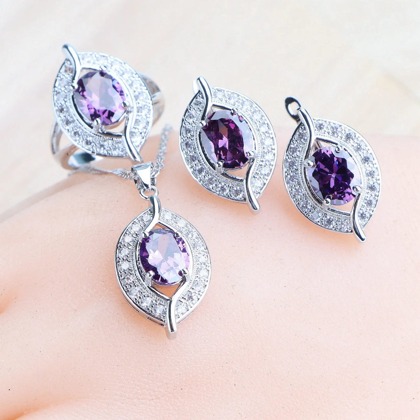 Ensemble de bijoux en argent Zircon violet 925, boucles d'oreilles de mariée, bracelets à breloques pour femmes, bague, pendentif, collier, bijoux de mariage