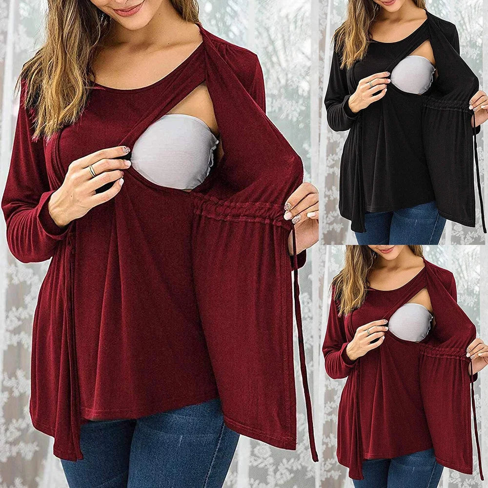 Automne hiver à manches longues col rond faux deux pièces à lacets allaitement femmes enceintes haut T-shirt vêtements d'extérieur pour femmes enceintes