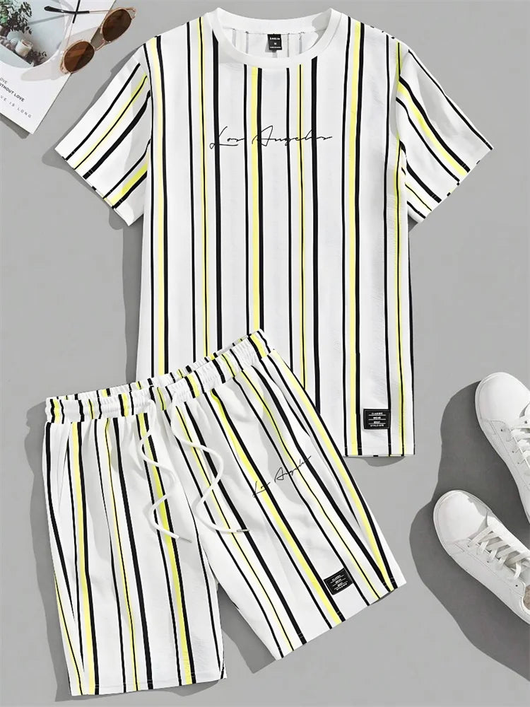 Ensemble d'été imprimé à rayures 3D pour hommes, T-shirt décontracté à manches courtes pour tous les jours, Short de plage à la mode pour hommes de rue urbaine
