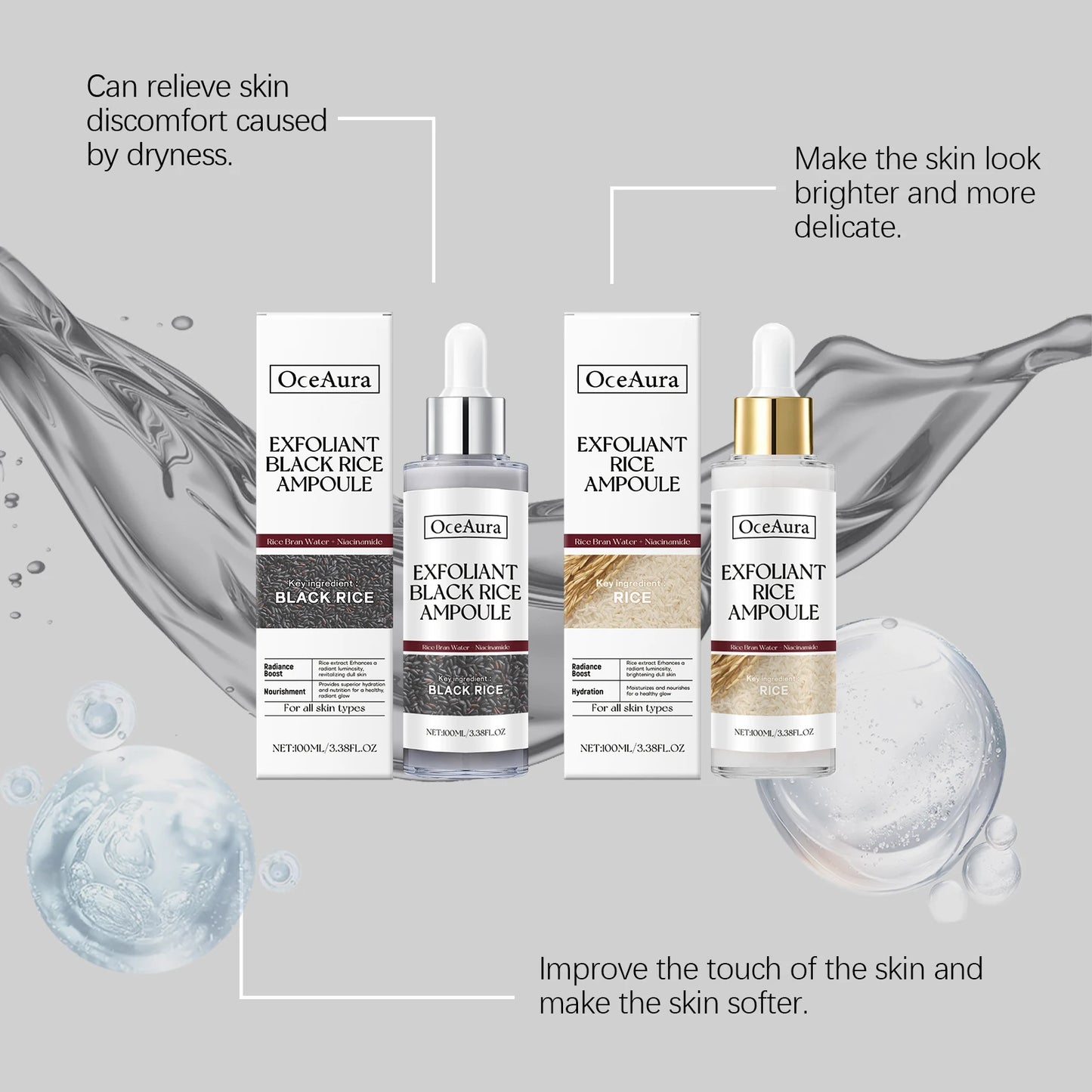 Sérum hydratant pour le visage, nourrit la peau sèche, Essence éclaircissante, ligne Fine lisse, rétrécit les Pores, Toner, liquide exfoliant au riz noir