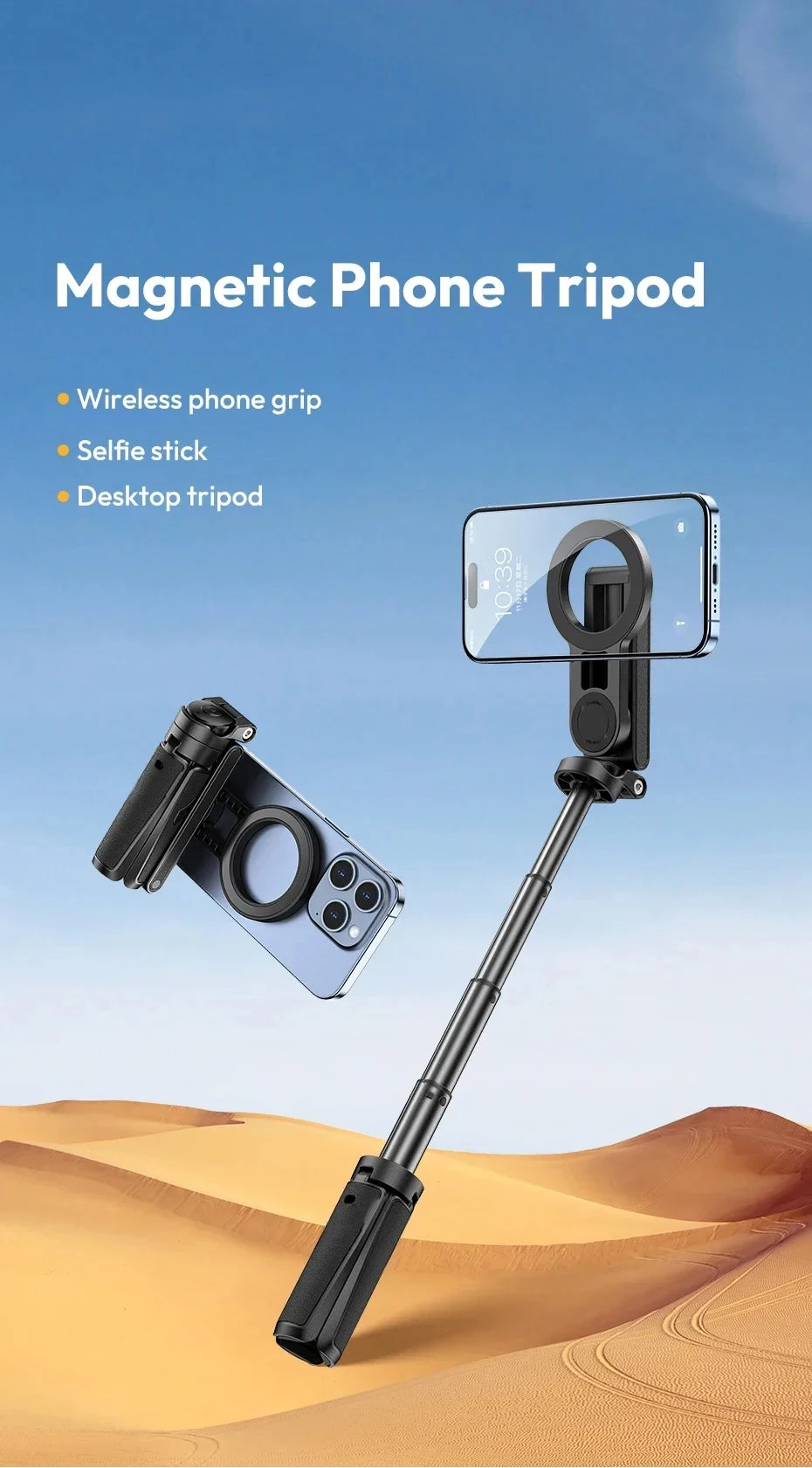 Trépied de téléphone magnétique sans fil, poignée de téléphone, perche à Selfie, trépied de bureau pour iPhone 16 15 14 13 12 Pro Max pour support de téléphone Samsung