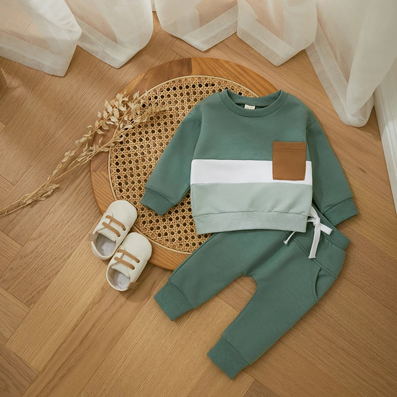 Survêtement d'hiver 2 pièces pour bébé, tenues pour garçons en bas âge, couleur contrastée, sweat-shirt à manches longues, hauts et pantalons longs, ensemble de vêtements pour tout-petits