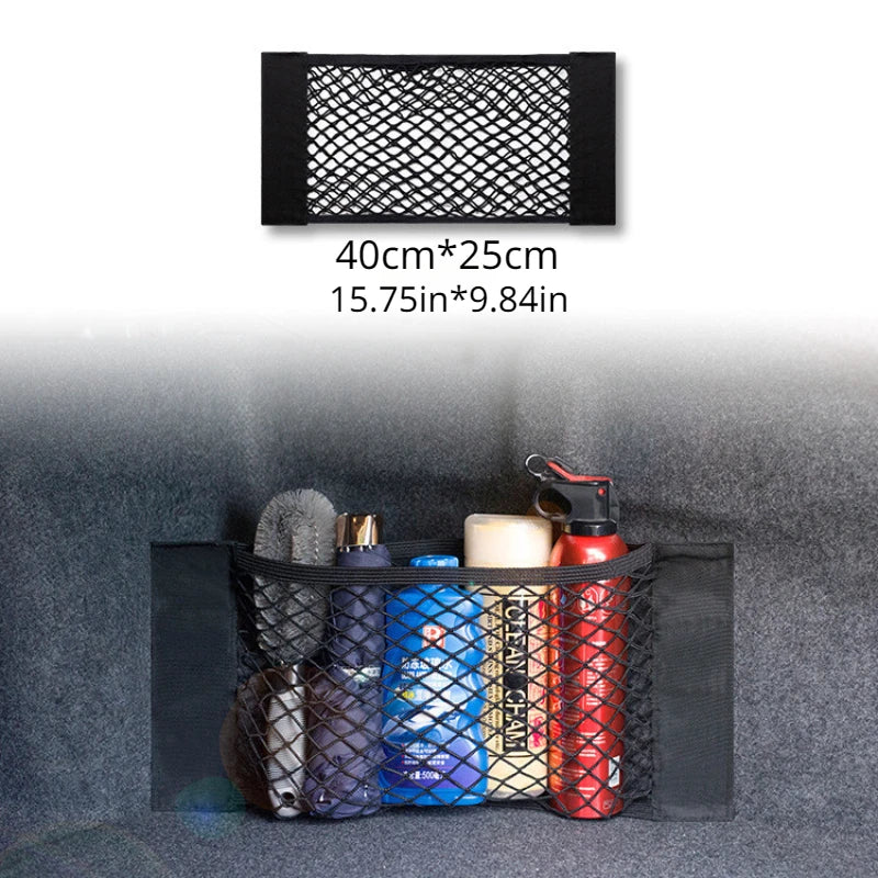 Sac de rangement universel pour voiture Filet de coffre à double maille Sac de rangement intégré Filet de fixation pour extincteur Filet antidérapant Filet de rangement voiture Filet de coffre double maille automobile