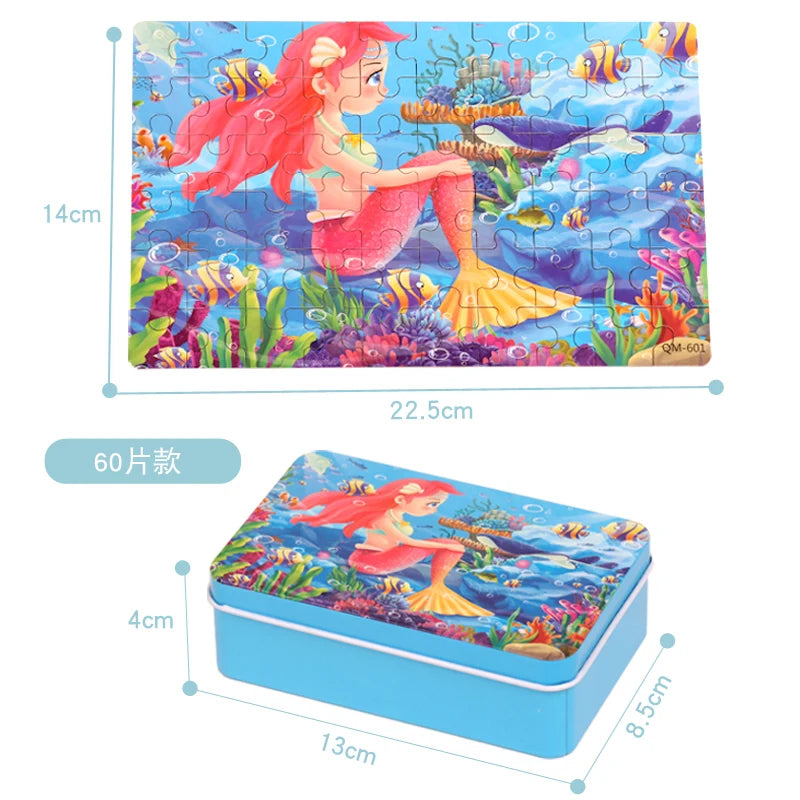 Puzzle de dessin animé 60 pièces avec boîte en métal, Puzzle de véhicule Animal d'éducation précoce pour enfants, jeu d'interaction Parent-enfant