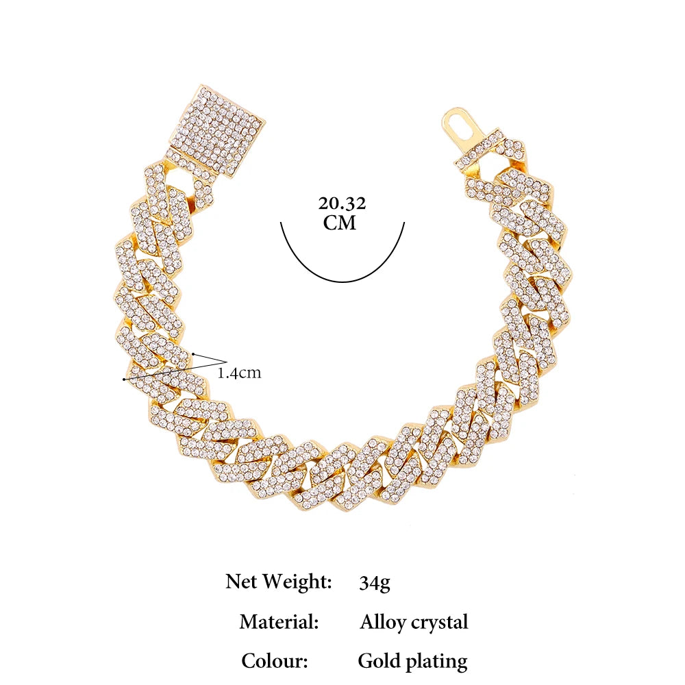Bracelets en chaîne cubaine à maillons glacés de 14MM pour hommes et femmes, strass complets, épais, Miami, Punk, Hip Hop, bijoux cadeau