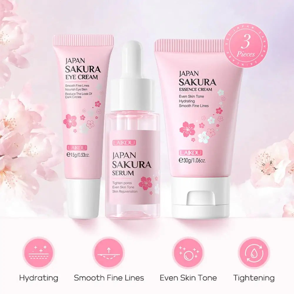 Coffret de soins pour le visage Crème nettoyante Sakura Essence Tonique hydratant blanchissant et anti-âge Crème pour les yeux Sérum pour le visage Soins de la peau pour les yeux