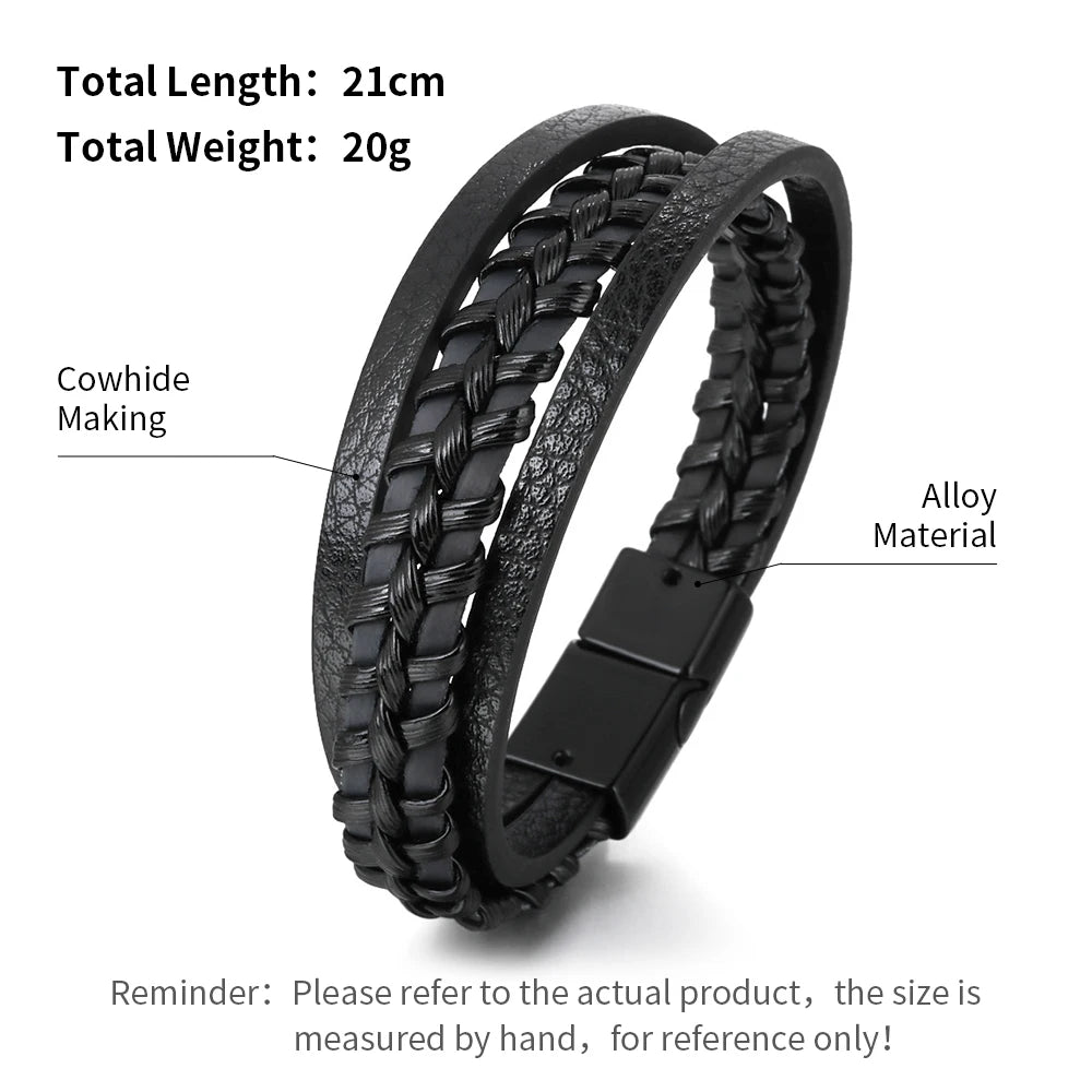 Bracelets en cuir pour hommes, en acier inoxydable, multicouches, en corde tressée, bijoux cadeaux, 21CM