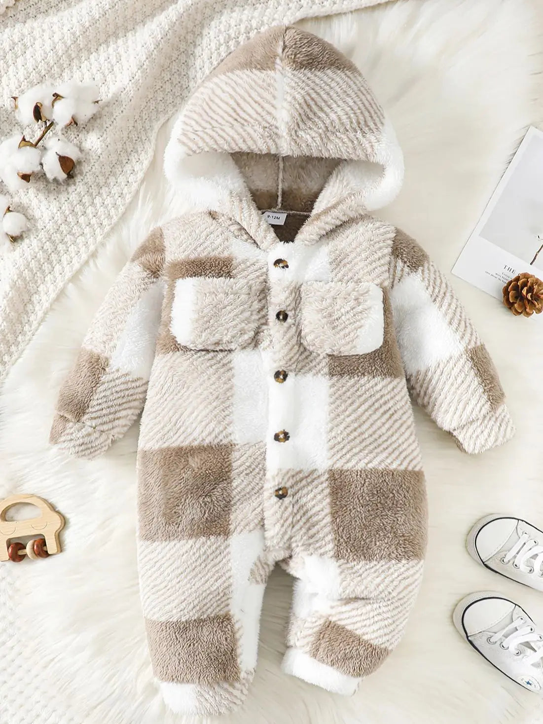 Barboteuse à carreaux pour bébés garçons et filles, combinaison à capuche et manches longues en peluche, vêtements chauds d'hiver pour tout-petits garçons de 3 à 24 mois