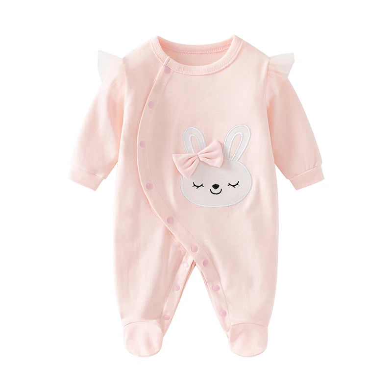 Combinaison printemps et automne pour nouveau-né fille, à manches longues, en pur coton, lapin brodé de dessin animé jaune mignon
