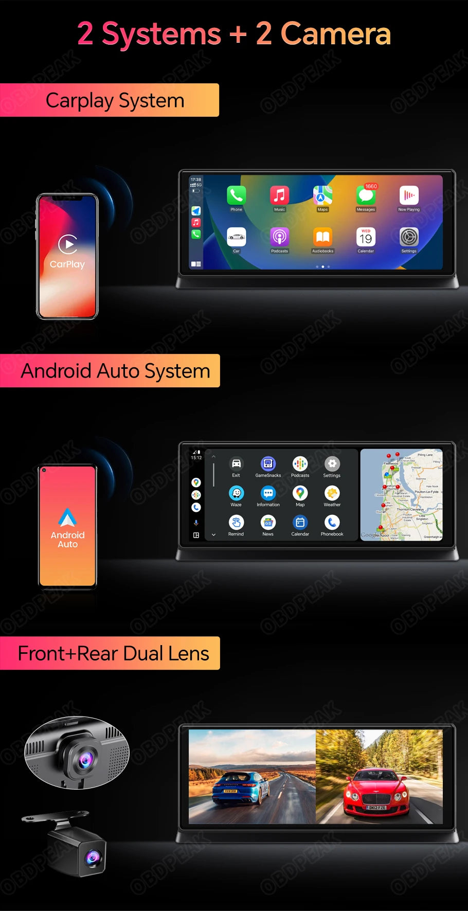 Caméra de tableau de bord sans fil pour voiture, K2 Pro, DVR 4K, Carplay, Android Auto, écran AI, enregistreur vidéo Len pour touristes, navigation GPS, tableau Prada, 11.3 pouces