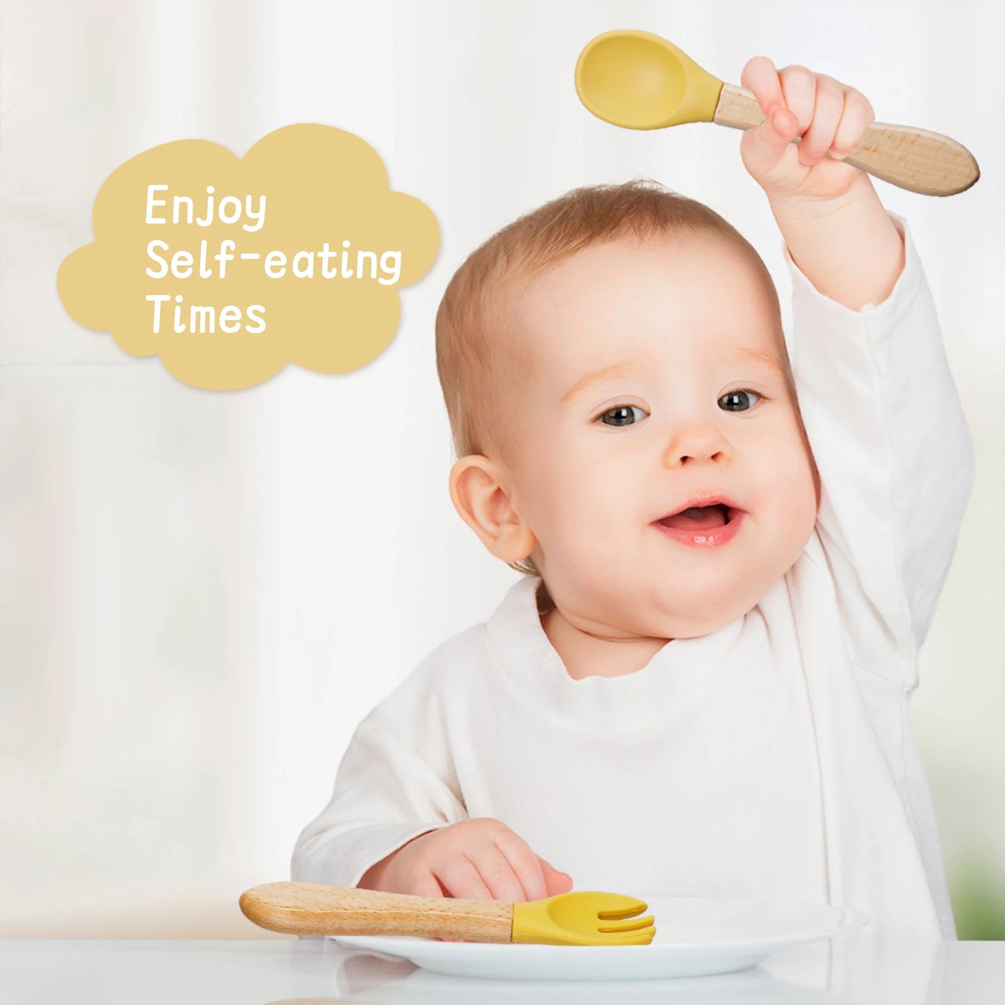 2 pièces/ensemble vaisselle bébé cuillère fourchette ensemble enfants Silicone bois alimentation formation bébé vaisselle couverts bébé alimentation fournitures