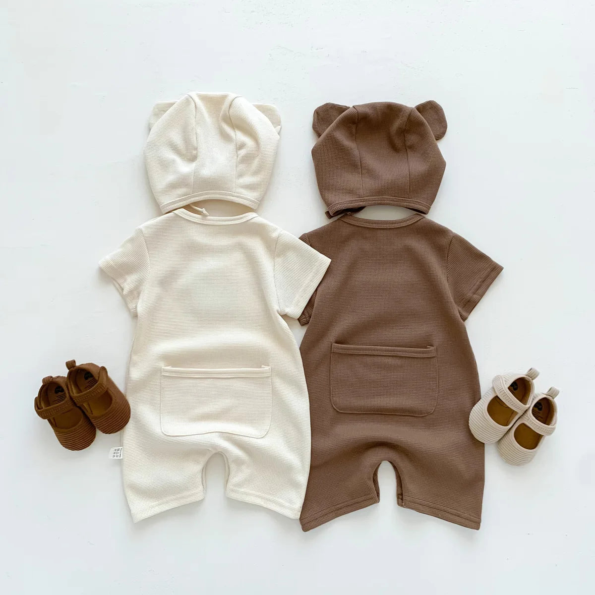 Combinaison d'été pour bébés filles et garçons, manches courtes, Patch gaufré, ours, nouveau-né, barboteuse en coton, chapeau cadeau avec oreille, nouvelle collection