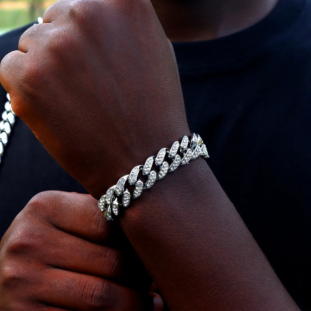 Bracelets en chaîne cubaine à maillons glacés de 14MM pour hommes et femmes, strass complets, épais, Miami, Punk, Hip Hop, bijoux cadeau