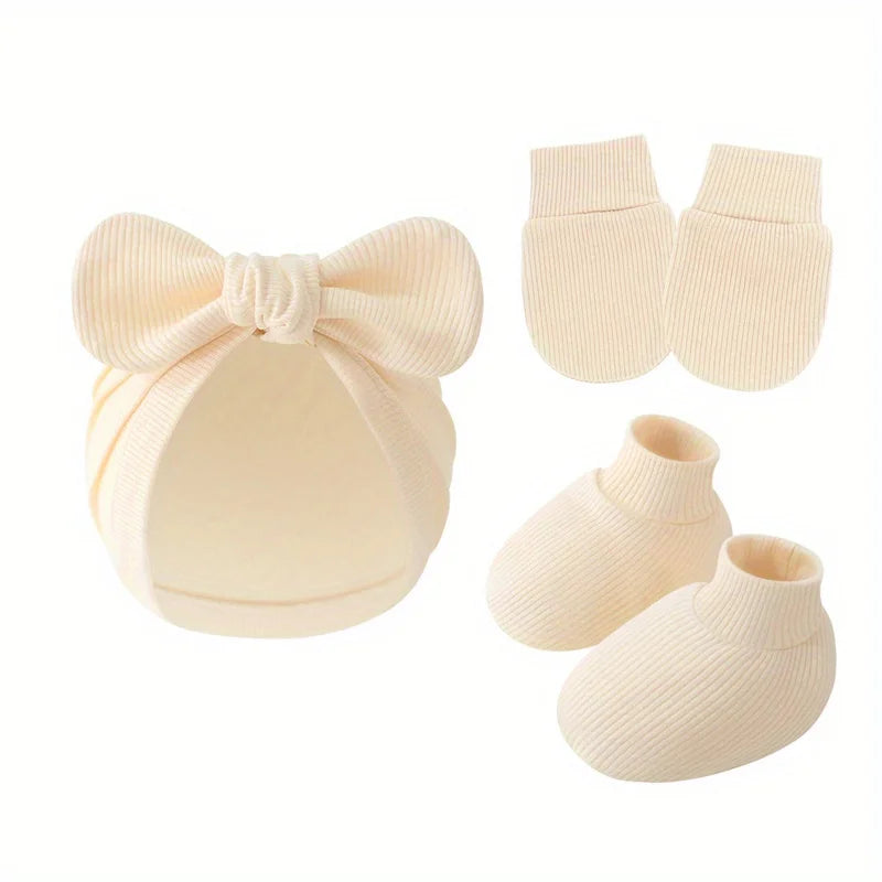 3 pièces/ensemble bébé nœud chapeau gants chaussettes coton nouveau-né Bonnet couleur unie Bonnet pour filles garçons infantile douche cadeaux 0-6M