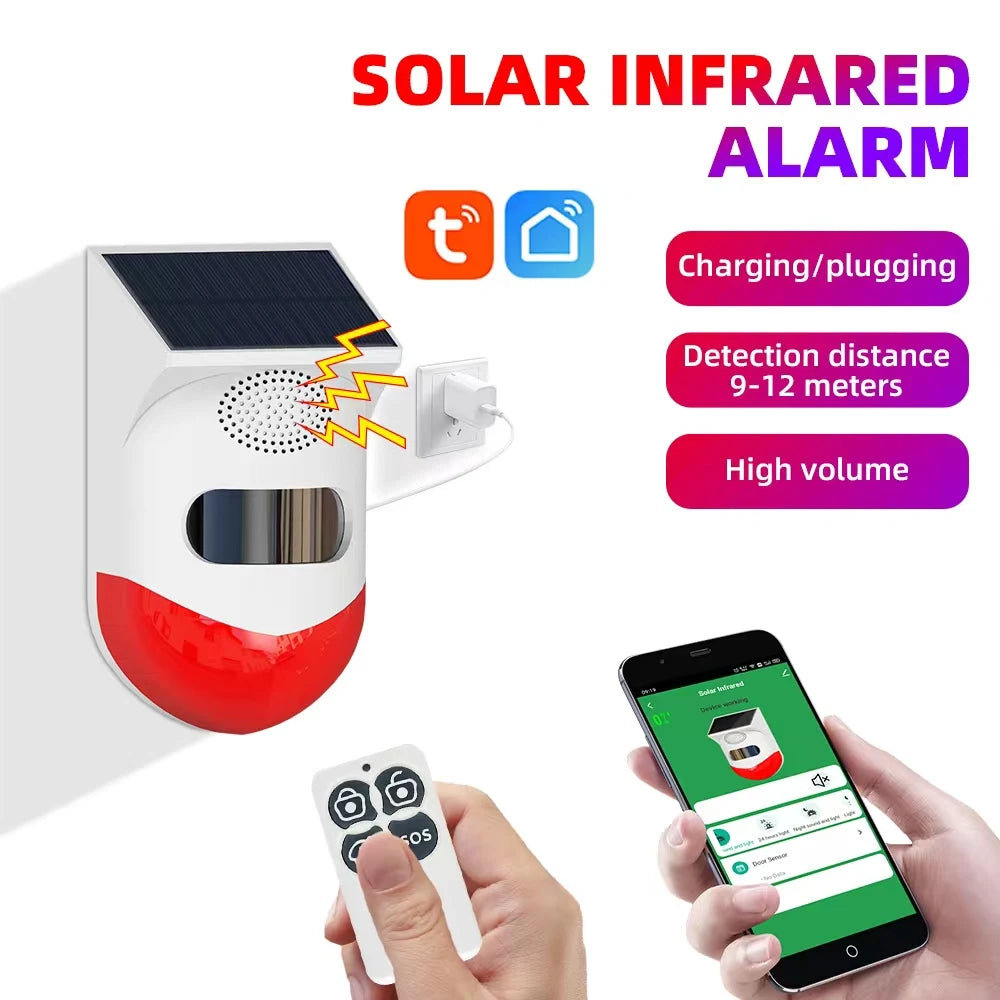 Tuya – détecteur de mouvement infrarouge intelligent WiFi, solaire, extérieur, PIR, sirène stroboscopique sans fil, alarme sonore, télécommande étanche
