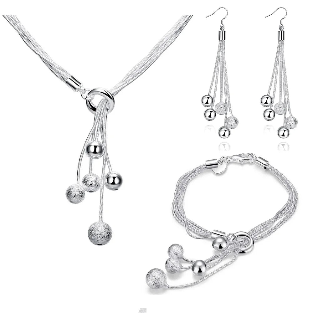 Marques populaires 925 glands en argent Sterling perles suspendues Bracelets collier boucle d'oreille ensemble de bijoux pour les femmes cadeaux de fête de mode