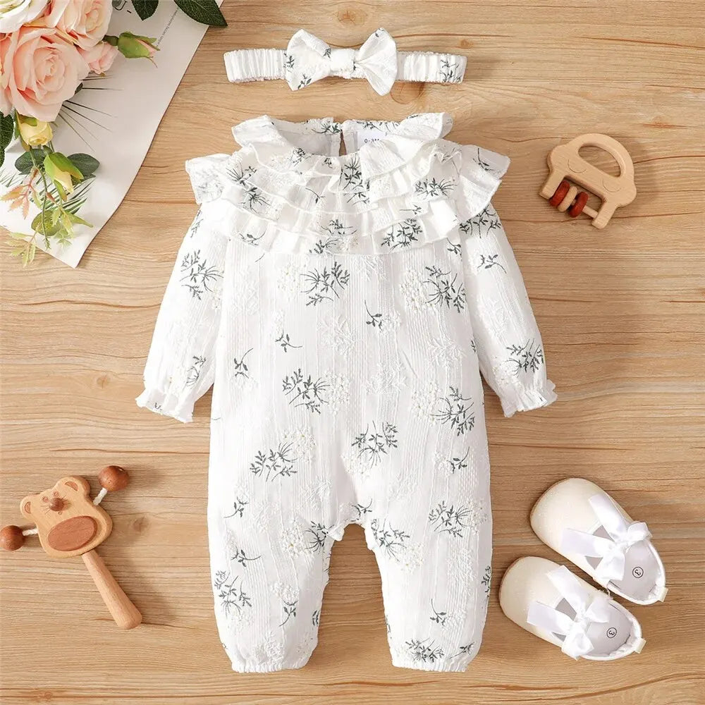 Body pour nouveau-né fille de 0 à 18 mois, imprimé Floral, barboteuse à manches longues avec bandeau, vêtements de printemps et d'automne
