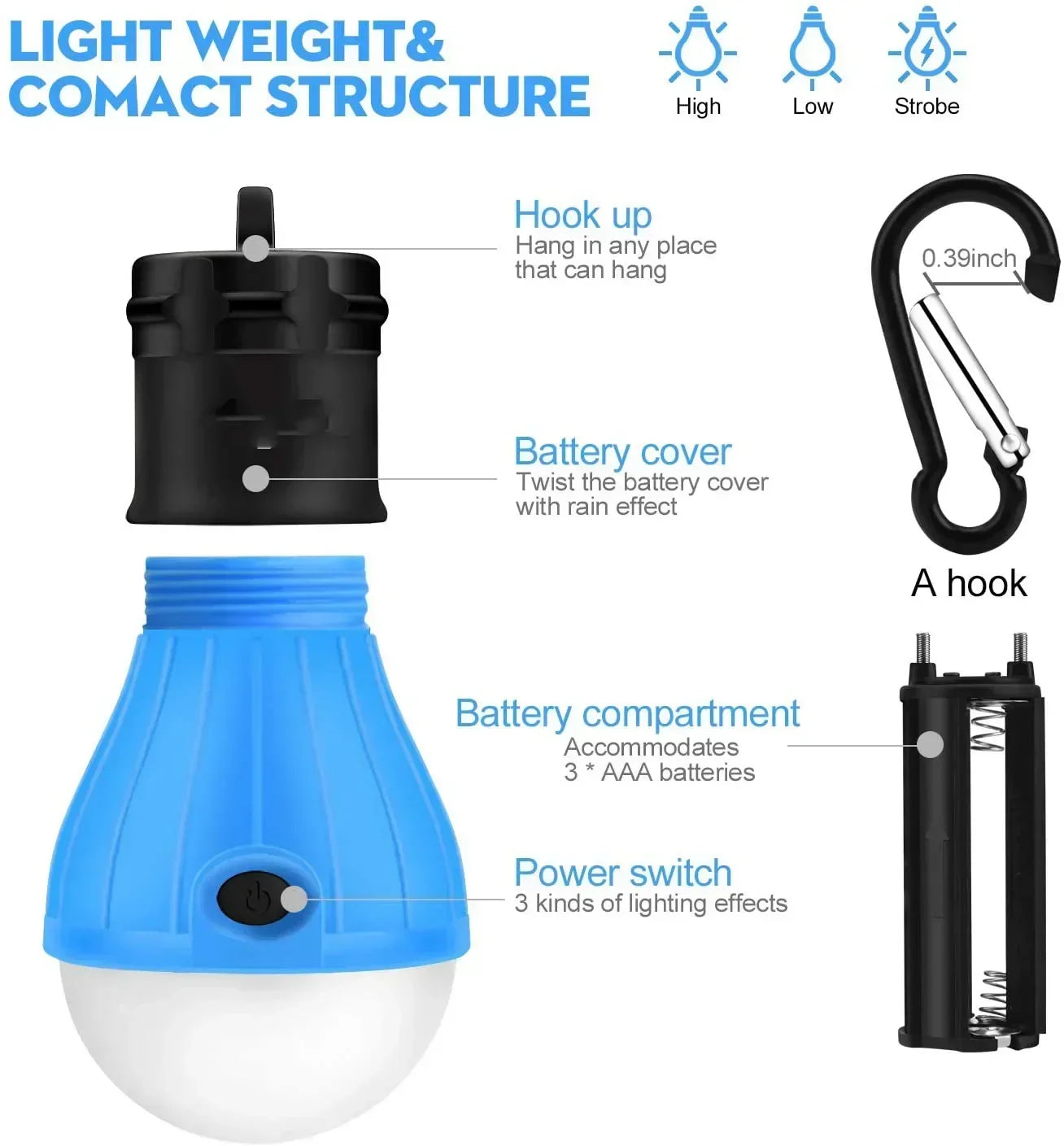 Lampe de tente extérieure Ampoule LED Lampe à crochet portable Lampe de camping adaptée aux sacs à dos extérieurs Voyant d'avertissement de sécurité pour enfants