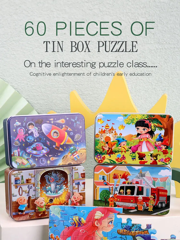 Puzzle de dessin animé 60 pièces avec boîte en métal, Puzzle de véhicule Animal d'éducation précoce pour enfants, jeu d'interaction Parent-enfant